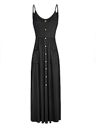 VOTEPRETTY Vestido largo de manga larga con cuello en V para mujer, estilo casual, con botones sueltos, con bolsillos