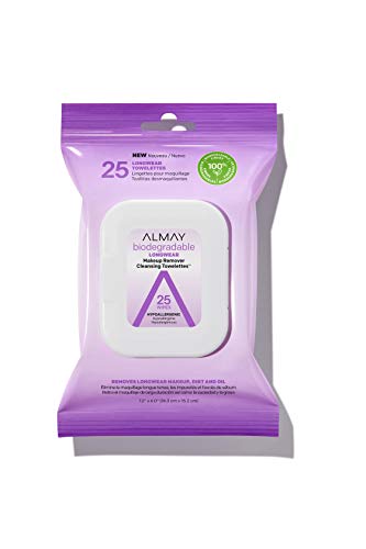 Almay Biodegradable Longwear Makeup Remover Cleansing Towelettes, Hypoallergenic, Cruelty Free, Fragrance free, Dermatologist Tested, 25 Makeup Remover Wipes