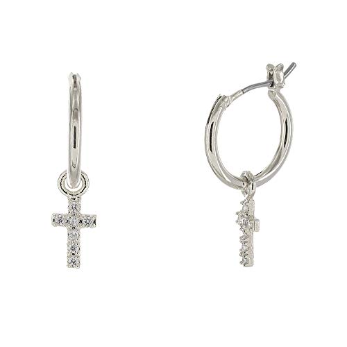 Columbus Rhodium Dipped Huggie Hoop Earrings - Moon, Star, CZ, and Lightning Bolt Charms (Silver CZ Cross)