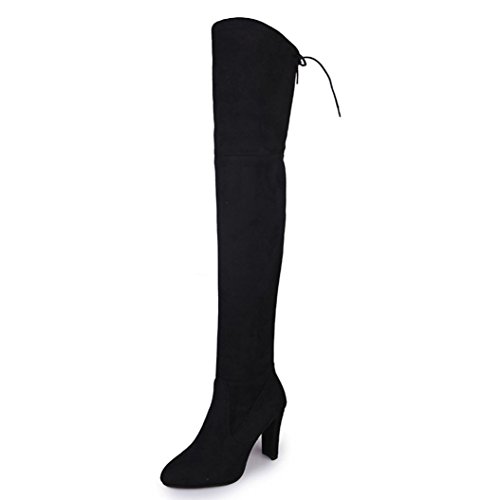 Tenworld Women's Faux Leather Thigh High Over The Knee Chunky Heel Long Boots (4.5, Black)