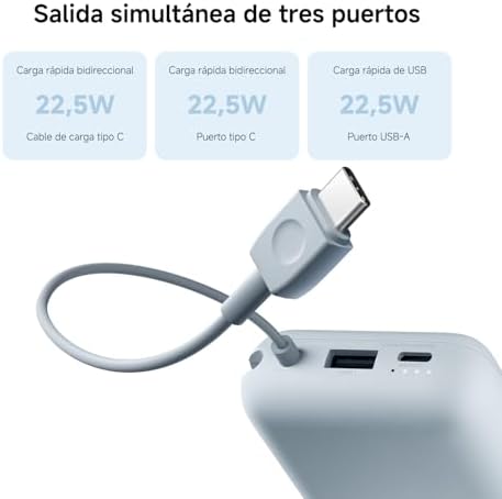 Power Bank de 10000mAh, carregamento rápido bidirecional de 22,5W, 3 portas de saída, cabo integrado, compatível com smartphones, tablets, Nintendo Switch, auscultadores, smartbands, azul
