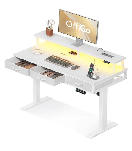 OffiGo Standing Desk with 3 Drawers, 120 cm Electric Desk with Monitor Stand, Standing Desk with Charger and LED Light, Table for Work, White