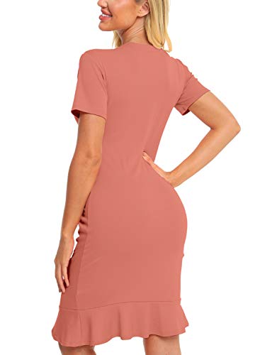 Zaprada Casual Pink Bodycon T Shirt Dresses for Women Summer Crew Neck Side Drawstring Ruched Ruffle Mini Dress