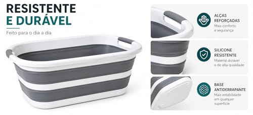 Balde Retratil Silicone 26L Dobrável com Alca Multiuso para Limpeza Lavanderia Armazenamento Compacto Resistente Branco Cinza