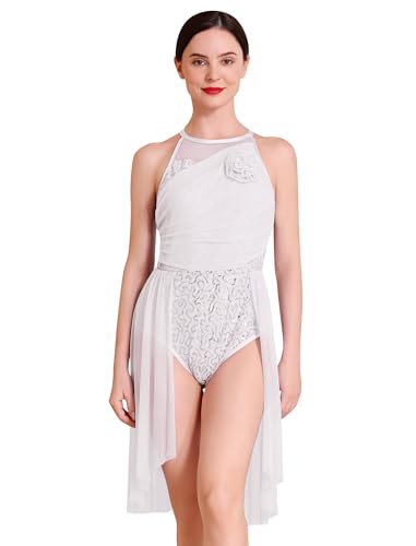 AFAVOM Lyrical Dance Costume for Women Sleeveless Sequin Flower Lyrical Dress Asymmetric Flowy Mesh Tulle Skirt Contemporary Dance Costumes Halter Backless Dancewear for Performance White X-Large at Amazon