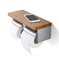 JIWU Toilet Paper Holder with Bamboo Shelf, Double Toilet Roll Holder, Wall Mount Roll Paper Hanger with Mobile Phone Storage