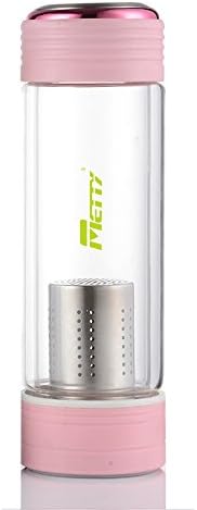 Metty Double Wall Glass Tumbler Bottle with Loose Leaf Tea Strainer - Portable Teapot with Stainless Steel Filter Basket - Glass Water Bottle for Ice Tea and Essential Oils (Pink)