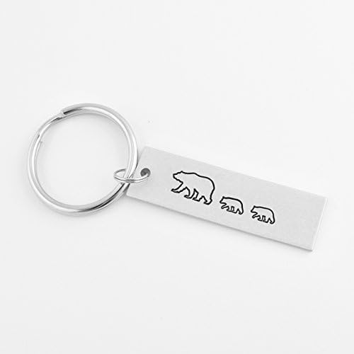 Bear with Two Cubs Keychain - Hand Stamped Aluminum and Stainless Steel