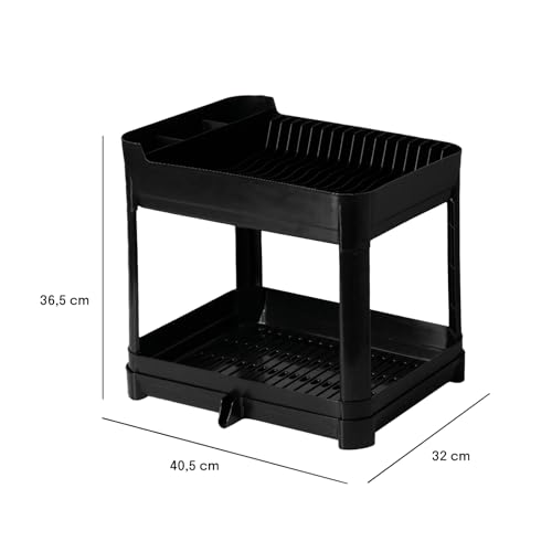Escorredor de Pratos Duplo Fly Paramount com Bandeja – Organizador de Cozinha, Maior Capacidade, Fácil de Limpar, Resistente, Compacto e Prático para Pia e Bancada (Preto)
