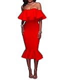 Alvaq Women's Off The Shoulder Ruffle Evening Party Bodycon Mermaid Midi Dress