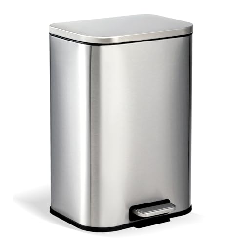 12L Stainless Steel Trash Can for Kitchen, Office, Bathroom – Rectangular, Soft-Close Lid, Foot Pedal, Removable Bucket, Fingerprint-Proof, Space-Saving,Silver