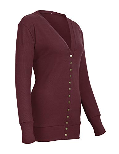 Weilim Women's V-Neck Button Down Knitwear Long Sleeve Casual Cardigans Sweater WineRed L - Thumbnail 4