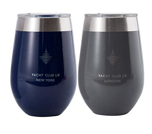 Yacht Club LX 12 oz Insulated Stemless Wine Glass Tumblers with Velvet Pouches (City, Set of 2)