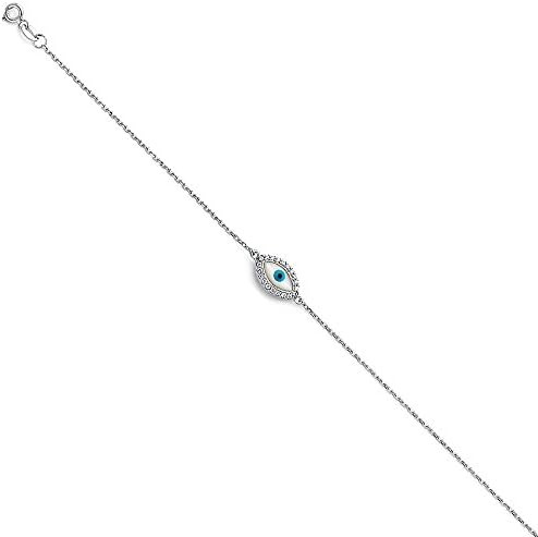 14K White Solid Gold Evil Eye Chain Bracelet - 7+1"