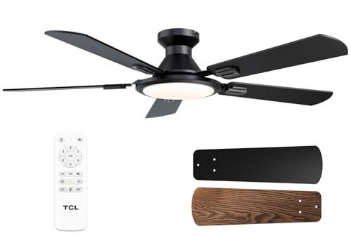 TCL Ceiling Fans with Lights, 52 Inch Low Profile Ceiling Fan with Light and Remote Control, Flush Mount, DC Reversible Motor, Noiseless, 6 Speeds Ceiling Fan for Bedroom (Black)