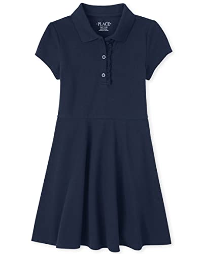 The Children's Place,Short Sleeve Ruffle Polo Dress,Tidal,Large (10/12) Navy