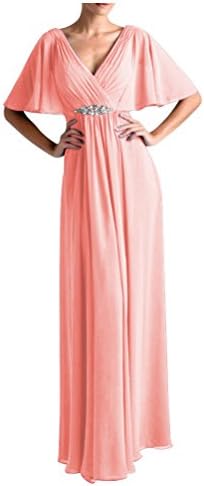 QINGYUAN Women's Flutter Sleeve Long Evening Formal Dresses for Women Peach US 14