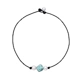Handmade 9-10mm Freshwater Cultured Pearl Turquoise Choker Necklace on Black Genuine Leather Cord 16