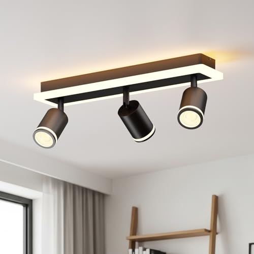 LVWIT Ceiling Lamp with 3 Rotating Spotlights, Long Bedroom Ceiling Lamp, GU10 Ceiling Lamps, Black Indoor LED Spotlights, Ceiling Lamps for Living Room, Kitchen, Bathroom (No Bulb)