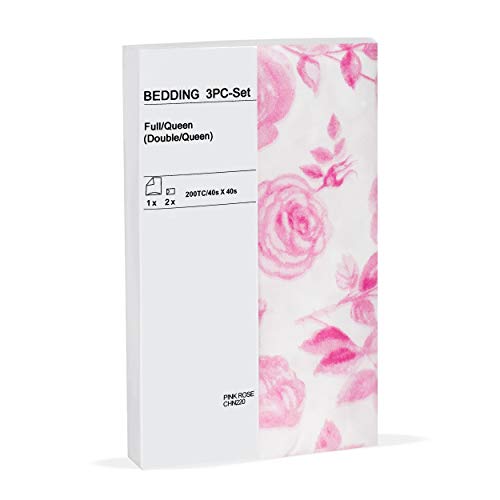 100% Cotton Pink Rose Floral Pattern Duvet Cover Set Full/queen on White Background "Duvet Cover and 2 Pillowcases Included"