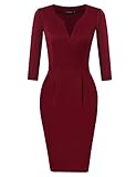 HiQueen Women Vintage V-Neck 3/4 Sleeve Office Business Party Bodycon Dresses Wine Red L