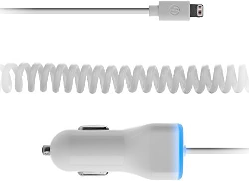 3.1A 4 Feet Coiled Lightning Car Charger For iPhone 7 7Pls Se 6s 6 Plus 5s 5, iPad Air 2 Mini 4 Pro with Extra USB Port White