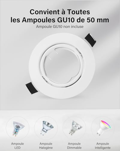 Leselux GU10 Recessed Spotlight Set, 10 Pieces White Spotlight Frame with GU10 Socket, Round Mounting Frame Spotlight, 60° Swivel, Mounting Hole Diameter 68-80 mm, 230 V, for LED or Halogen Lamps