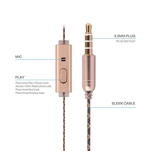 Sonzi in- Ear Headphone Sports Earphone, Stereo Sound Noise Isolating Stereo Bass Earphones with Mic for 3.5mm Interface Devices （Gold）