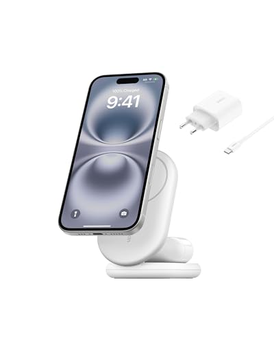Belkin BoostCharge 2-in-1 magnetisches einklappbares Ladegerät Qi2, MagSafe-kompatibles 15 W, Schnellladegerät für Apple iPhone 17, Air, Pixelsnap, in