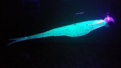 Plastic Insanity 4" Glisten N Glow Fluke Split Tail Blue/Silver GLOW in the Dark marinated in Smelly Jelly Walleye Feast scent 8 Pack