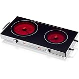 Heinrichs Infrared Hob Glass Ceramic Double Hob with Infrared Heat, 2 x Electric Hobs Suitable for All Pots and Pans 2800 W Camping/Office/Kitchen/Outdoor/Single