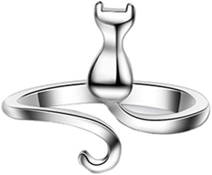 925 Silver Plated Platinum Genuine Smooth Cat Women Open Band Ring,Adjustable