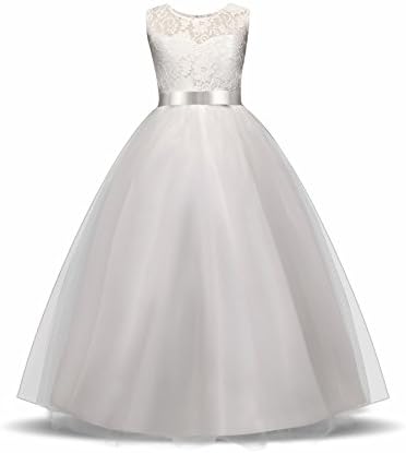 Little Girls Lace Princess Dress Evening Floor Tulle Wedding Party Gowns Girls Sleeveless Dress for 4-14 Years White