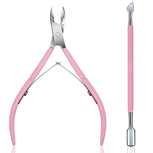 Cuticle Trimmer with Cuticle Pusher - Ejiubas Pink Cuticle Nipper Stainless Steel Nail Clipper Cutter Dead Skin Remover Scissor Manicure Pedicure Tools