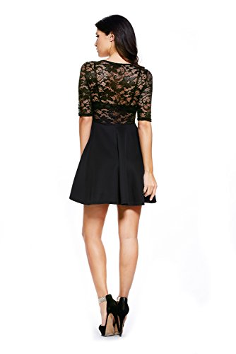 NuoReel Women's Lace Bodice Skater Dress (X-Large, Black Halfsleeve)