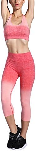 FelinSoul Women's 2 Piece Ombre Seamless Sports Outfits Set-Capri Leginggs &amp; Bra(Pink, Bra L/XL)