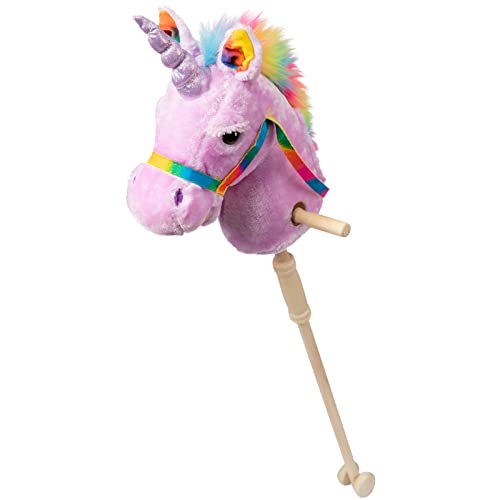 HollyHOME Plush Unicorn Stick Horse with Wood Wheels Real Pony Neighing