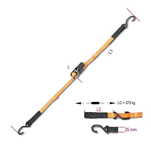 Beta 81880430 Model 8188 CG25-MT3 Ratchet Tie Down with S-hook and Eye, LC 375 Kg, High-tenacity, Polyester Strap, 375 kg, 25 mm x 3 m Size
