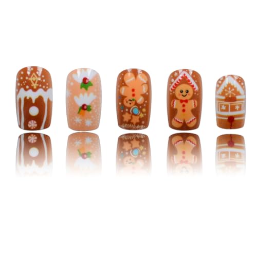 Christmas Cute Cartoon Nails Press on Nails Medium Square Fake Nails with Snowflake Candy Canes House Gingerbread Man Designs Acrylic False Nails Xmas Winter Glue on Nails for Women and Girls 24Pcs - Image 5