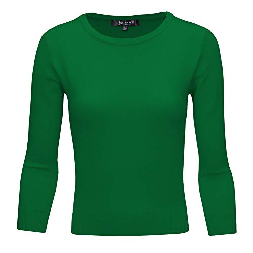 YEMAK Women's 3/4 Sleeve Crewneck Lightweight Basic Casual Knit Pullover Sweater MK3636-KGR-S Kelly Green