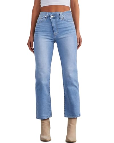 KDF Women's Cropped Straight Leg Jeans - High Waisted Jeans for Women 7/8 Length Denim Pants with Crop Hem