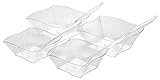 Set Of Four Square Wavy Plastic Clear Serving Bowls With Serving Spoons - Two Large (90 oz) and Two Medium (45 oz) Bowls - Perfect For Your Party or Event - and Durable Hard Plastic