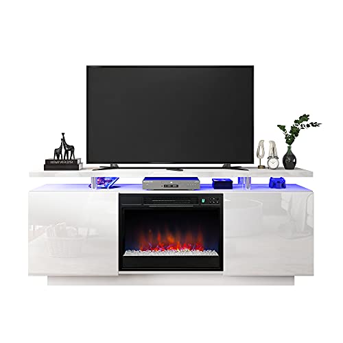 POVISON Modern Fireplace TV Stand, Wood LED Entertainment Center with