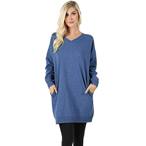 Dressing Women V-Neck Long Sleeve Tops Over Plus Sized Long Tunic Top Sweatshirt with Pocket