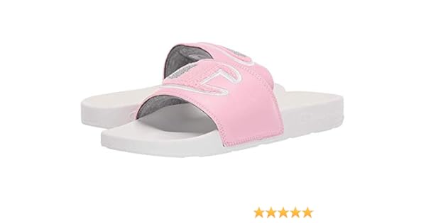 pink and white champion slides