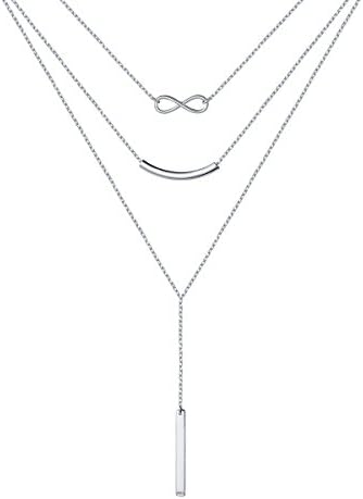 ATHENAA S925 Sterling Silver Multi Layered Triple Chain Choker Necklace Infinity and Bar Charm 16+2"