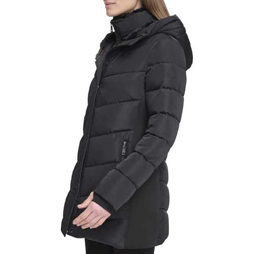 CALVIN KLEIN WOMEN’S WINTER PUFFER COAT – COZY FAUX SHERPA LINED HOOD WITH INSET BIB, LONG QUILTED JACKET, BLACK, M