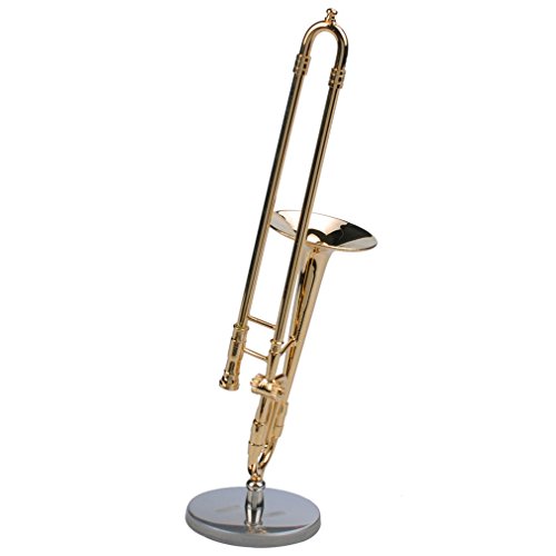 Mini Trombone with Stand Base Musical Instrument Goldplated Miniature Trombone