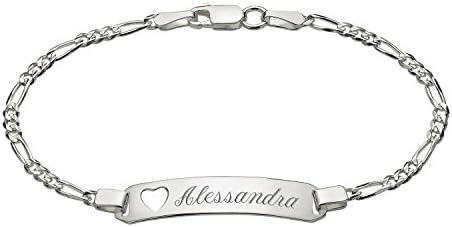 Personalized Sterling Silver Figaro Link Girls Heart ID Bracelet 6.0" Customized Engraved FREE
