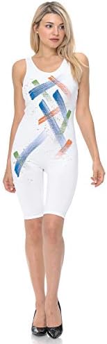 JJJ Women Catsuit Cotton Lycra Tank Bermuda Short Yoga Bodysuit Jumpsuit w/Hand Printing Art Works